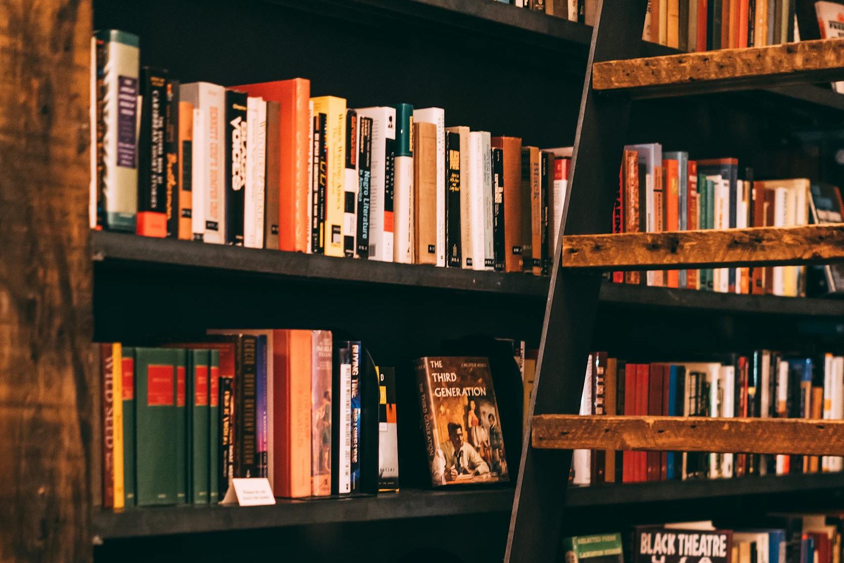 Warm, inviting library scene featuring wooden shelves filled with colorful books and a rustic ladder.