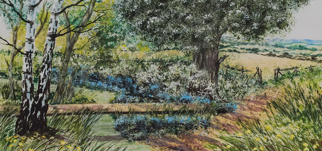 Acrylic painting of a nature scene with trees and water.